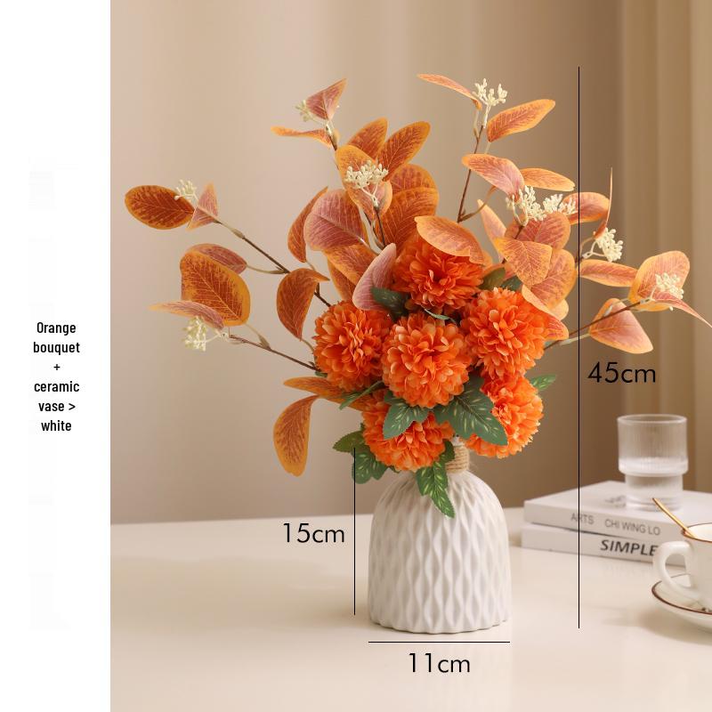 Eucalyptus Ball Chrysanthemum Bouquet in Ceramic Vase - Artificial Dried Flowers for Living Room or Dining Table Decor