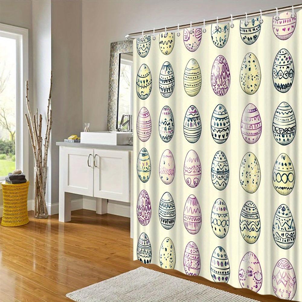 Easter Egg Shower Curtain - Hand-Drawn Whimsical Design, Blue, Pink & Purple Eggs On Pale Yellow, 12 Hooks