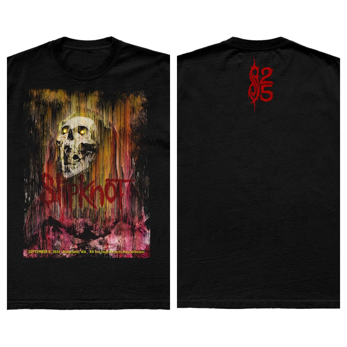Slipknot 25th Anniversary 2024 Ridgefield Tour Skull Glitch Double-Sided Vintage T-Shirt, Unisex Nu-Metal Fan Streetwear Tee, 100% Cotton Casual 4XL