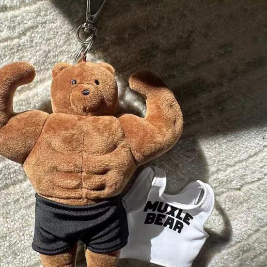 Muscle Abs Bear Buff Plush Keychain Cute Stuffed Animal Keyring Funny Bear Bag Charms for Backpack Handbag Accessories