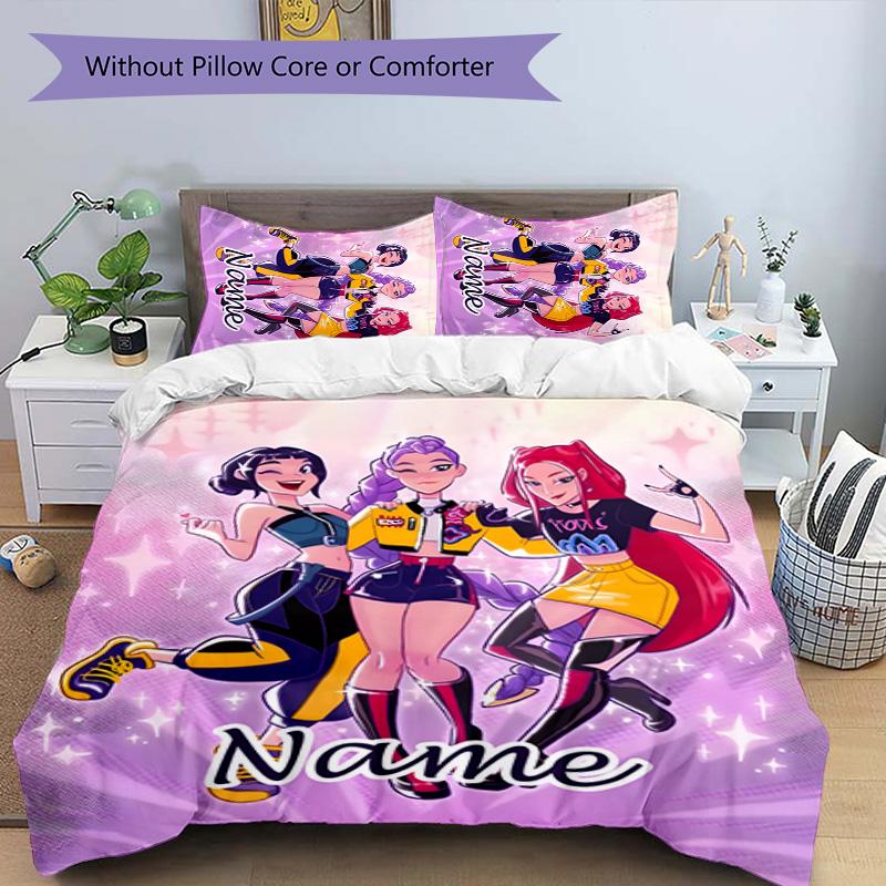 3pcs KPop Demon Hunters36 Cover Set - Personalized Name, HD Printed Bedding with 1 Cover and 2 Pillowcases - Perfect for Home Decor, Easy Care