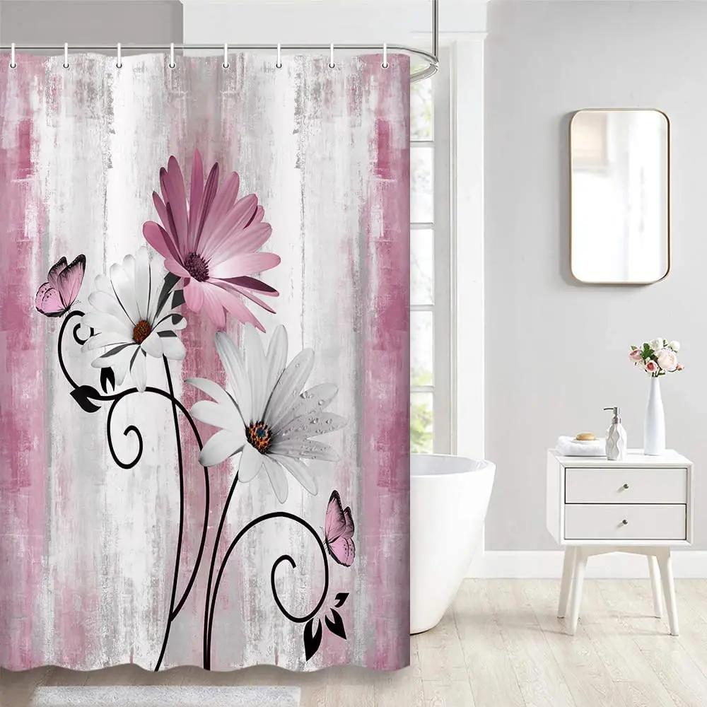Teal Large Daisy Floral and Butterfly Shower Curtain Turquoise Bathroom Curtain Waterproof Bathroom Decoration With Hooks