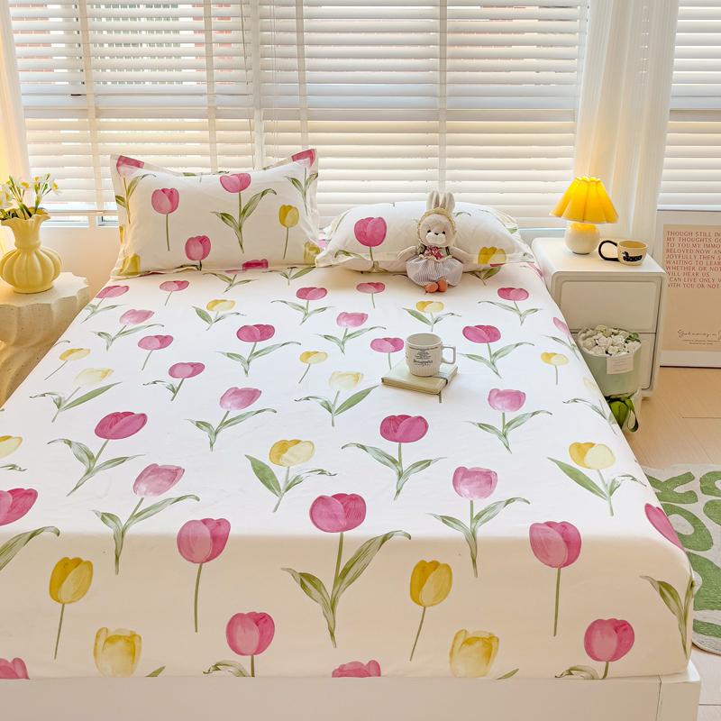 Queen Bed Sheets Set Tulips Printed Drap De Lit Floral Flower Style Fitted Sheet with Elastic Band Single Bed Linen for King Bed