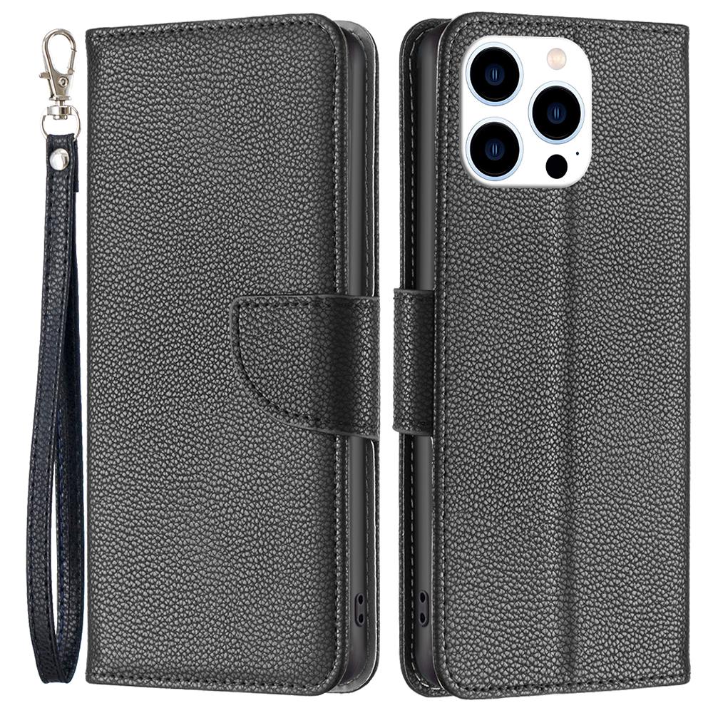 

For iPhone 16 Pro Wallet Phone Case Litchi Texture Solid Color Leather Flip Cover Black