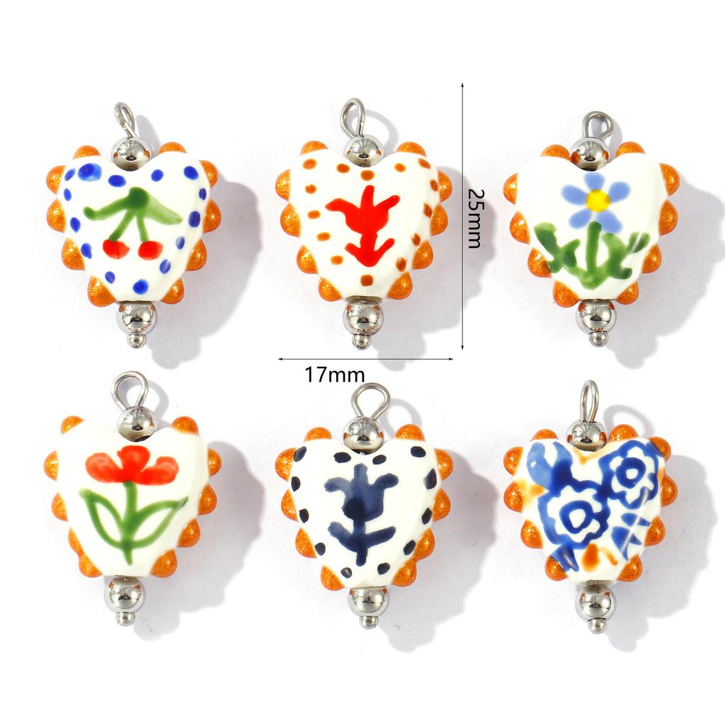 2 Pcs Resin Double-Sided Enamel Heart Painted Charms Flower Tulip Cherry 304 Stainless Steel Pendants DIY Necklace 25mm x 17mm