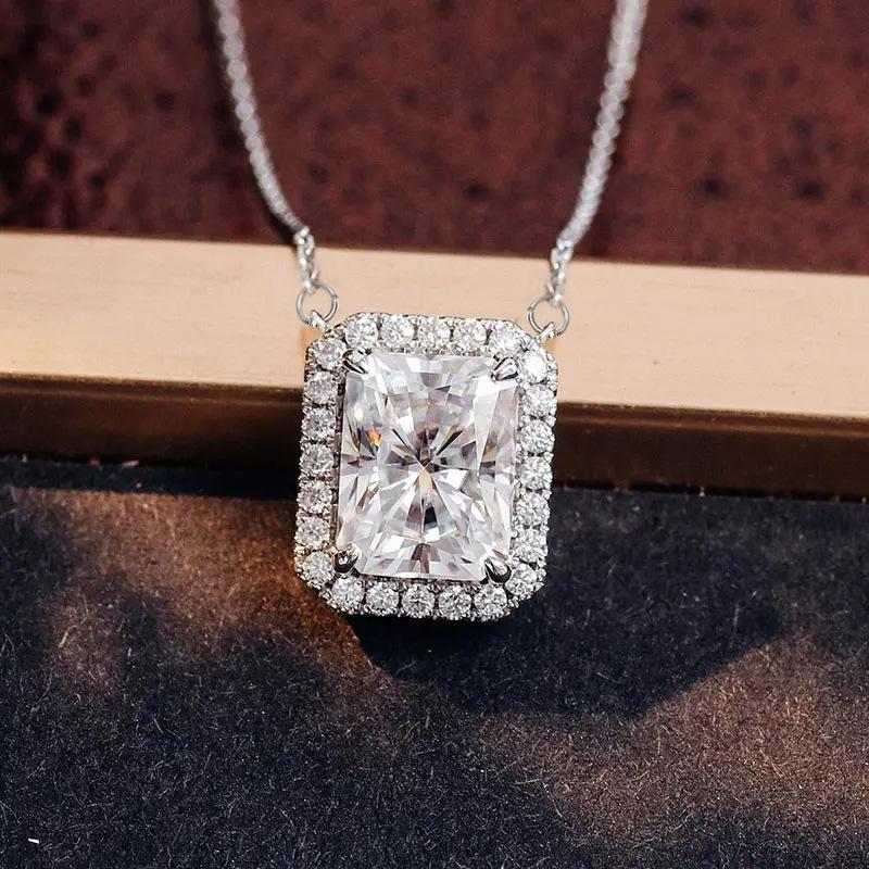 Radiant Cut Crystal Halo Pendant Necklace for Women, Luxury Silver Tone Statement Jewelry