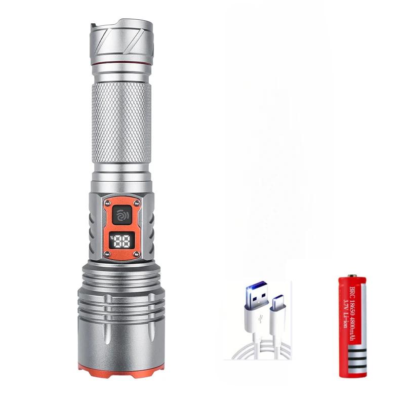 Super Bright LED Flashlight Type-C USB Rechargeable High Lumens Flashlights with Digital Display 5 Modes Emergency Torch