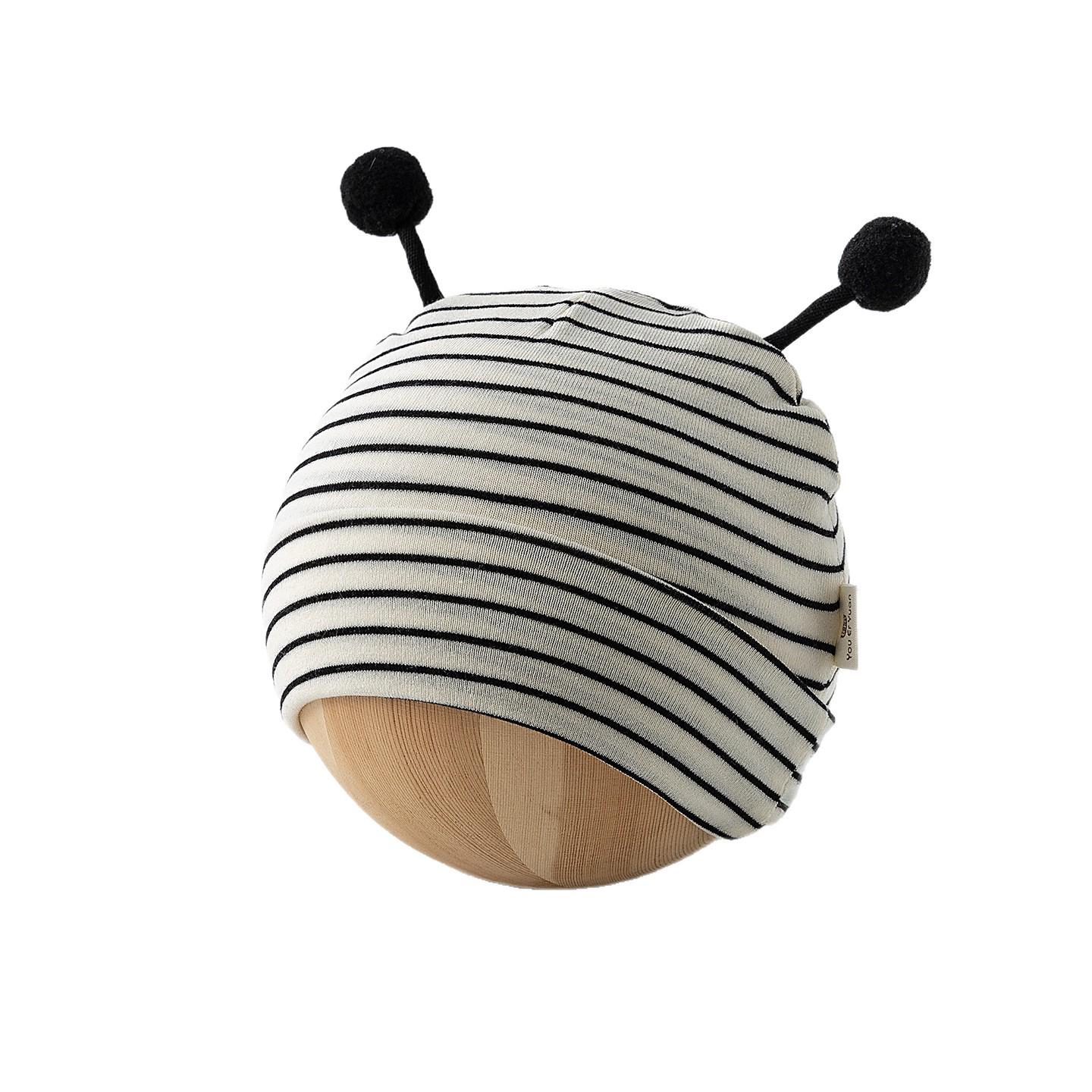 

Korean Style Cute Striped Baby Pullover Hat – Windproof, Trendy Cap for Newborns, Ideal for Spring and Autumn Travel Striped Antennae - Off-white