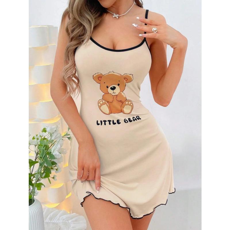 Summer Women's Suspender Pajamas with Letter Bear Print Sleeveless Ruffle Suspender Mini Dress Comfortable Home Wear