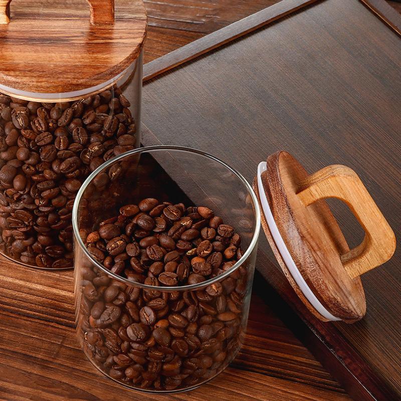 New Handle Wooden Cover High Borosilicate Glass Tea Storage Tank for Coffee Beans Dried Fruits Kitchen Spice