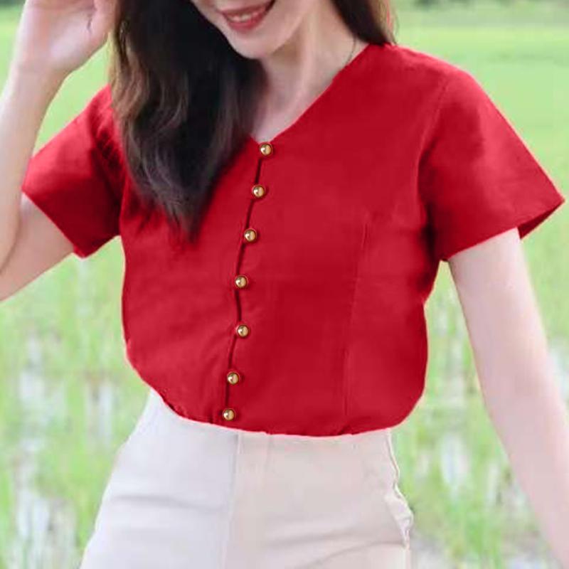 

ZANZEA Жіноча повсякденна одноколірна літня блуза з коротким рукавом з V-подібним вирізом S червоний