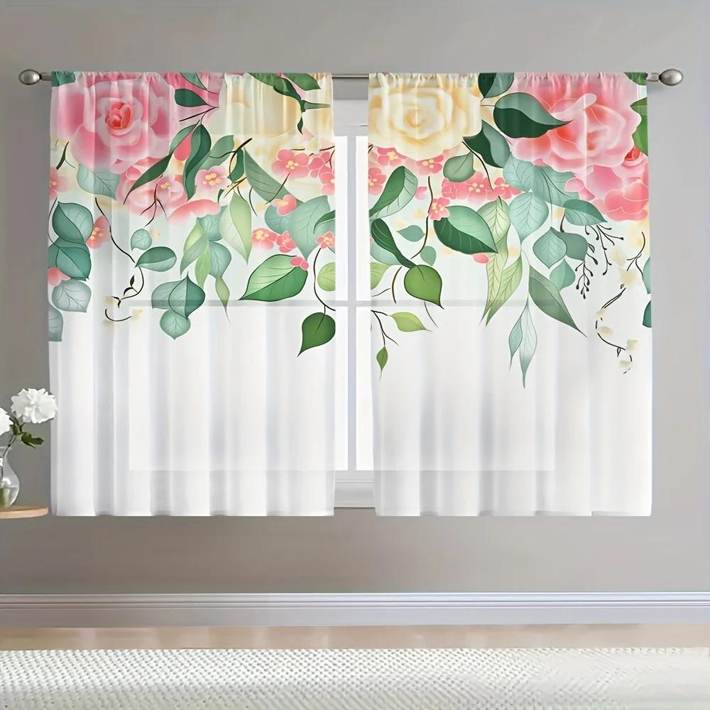 2 pezzi Tenda Semitrasparente con Stampa di Fiori e Foglie Tende Filtranti per la Luce per Soggiorno Camera da Letto Cucina Caffè Decorazione Casa cortinas