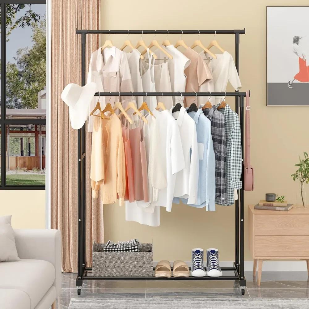 Movable Coat Rack Double Clothes Shelf Simple Rod Clothes Floor-Standing Bedroom Telescopic Floor Hangers Storage Coat Rack