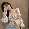 Sweet and Spicy Floral Versatile Shirt for Women Autumn New High Waist Navel Short Top French Niche Long Sleeve Shirt
