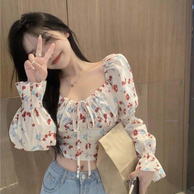 Sweet and Spicy Floral Versatile Shirt for Women Autumn New High Waist Navel Short Top French Niche Long Sleeve Shirt