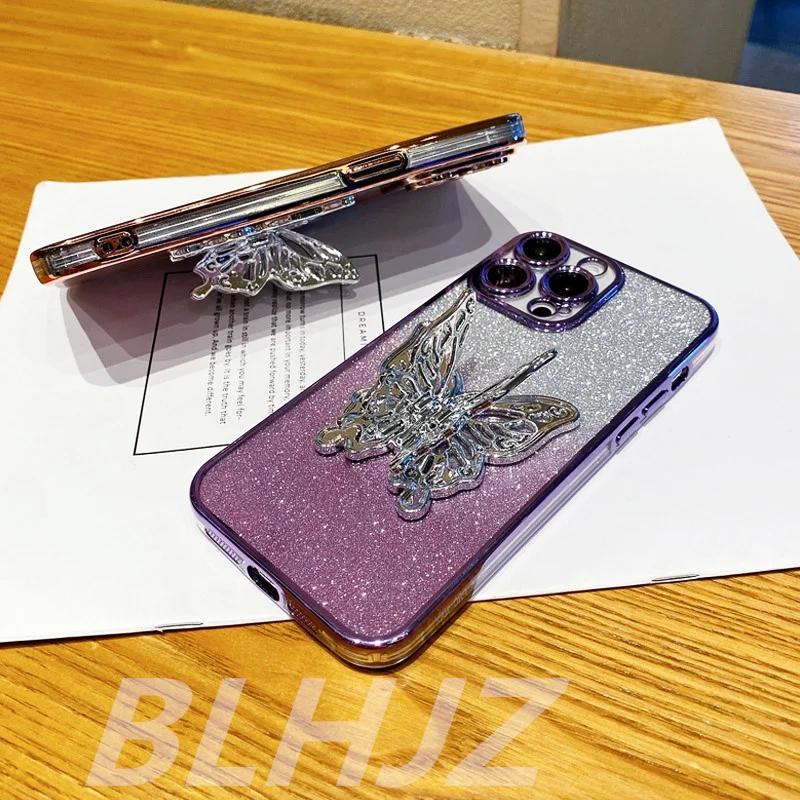 3D Butterfly Phone Holder Bead bracelet Glitter Case for Xiaomi Redmi 15C 15 14C 13C 13X Note 15 14 13 Pro Plus 14S Stand Cover
