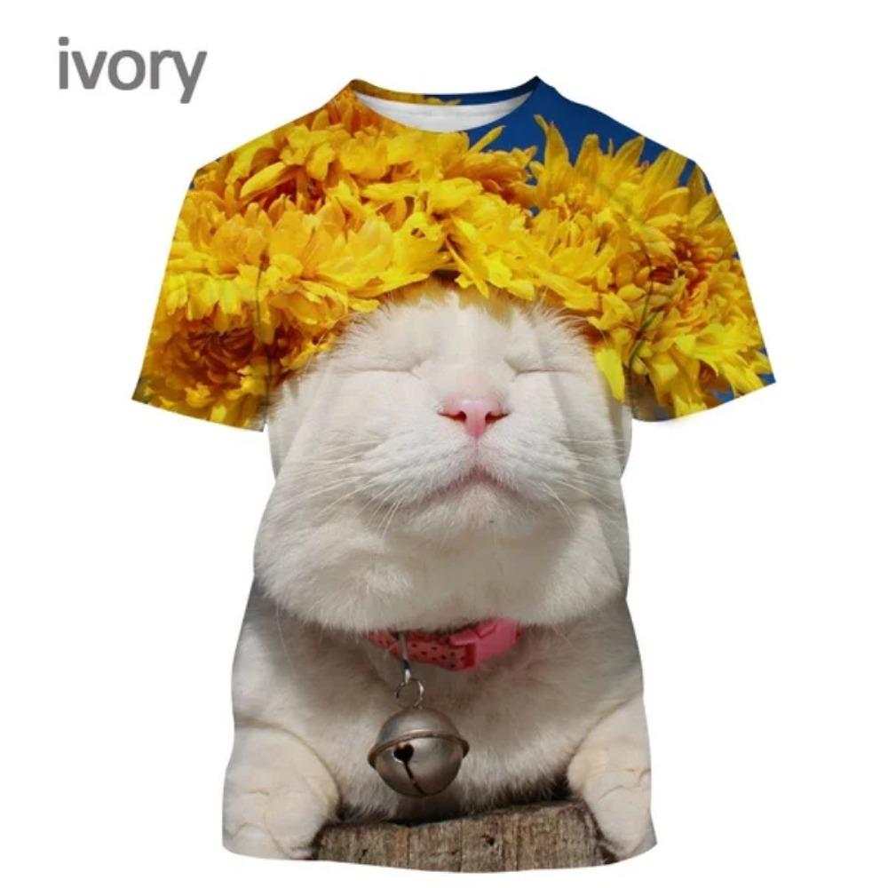 Nuova Maglietta a Maniche Corte con Stampa Floreale e Gatto alla Moda da Donna, Maglietta Casual Carina, Top Streetwear Animale Harajuku