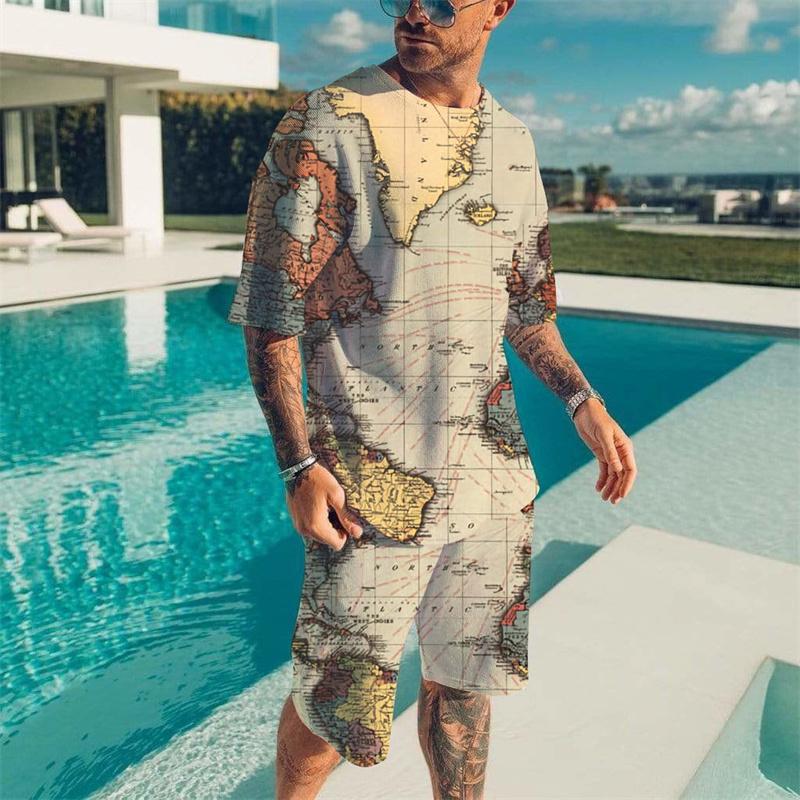 Men's Beach Breathable Short Sleeve 2 Piece Vintage Wave 3D Print T-shirt Set Summer Set Men's Fashion Tops Set Men's Clothing