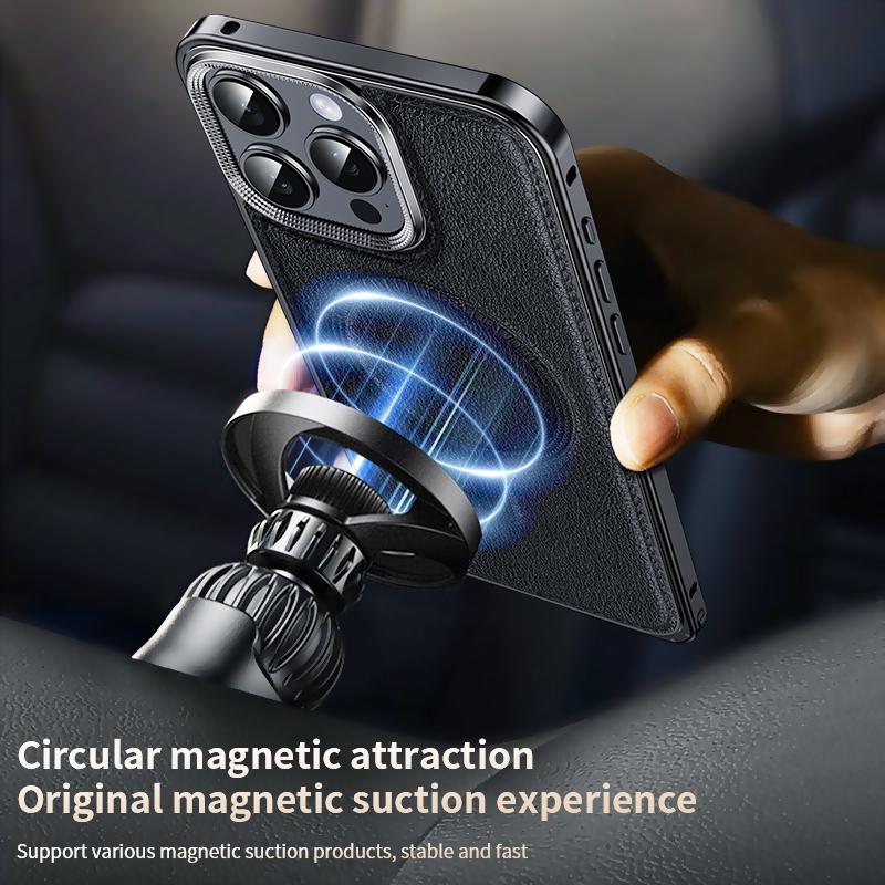 Husa de telefon din piele de lux Magsafe cu cadru metalic pentru iPhone 14 15 Pro Max Cadru din aliaj de aluminiu Placa din piele din spate Husa rezistenta la socuri