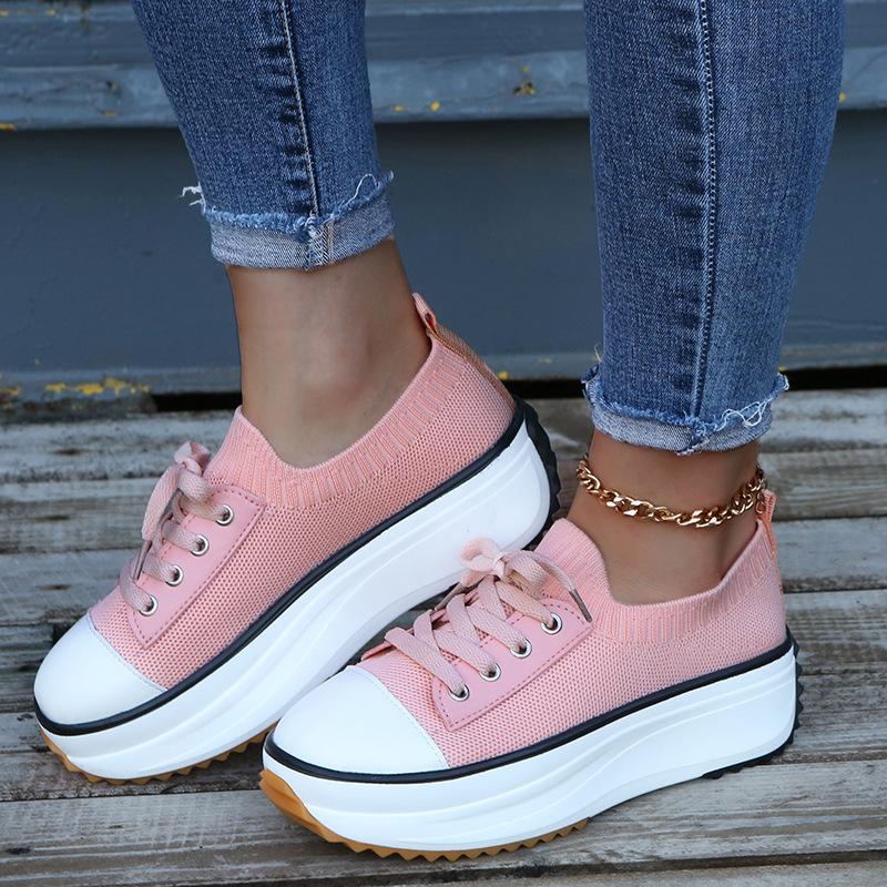 New Thick-soled European and American Large-size Single Shoes with Front Lace-up Fly-woven Thick-soled Round-head Single Shoes Women's Shoes