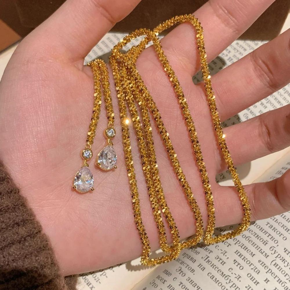 

Elegant Crystal Starry Sky Water Drop Necklace Double Layer Choker Long Pendant Chain for Women