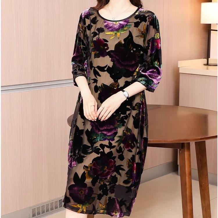 Women's Plus Size Dress Gold Velvet Floral Dress Loose Retro A-Line Dress Spring Autumn