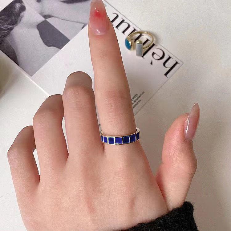 Simple And Versatile Blue Plaid Ring Women'S Niche And Versatile Design Sense Premium Open Index Finger Ring