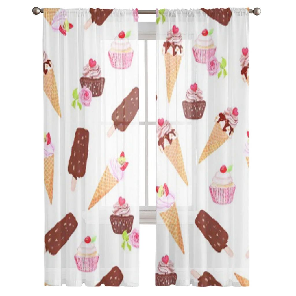 Ice Cream Cone And Cupcakes Tulle Curtain For Living Room Sheer Valance Curtain For Kitchen Bedroom Window Drapes