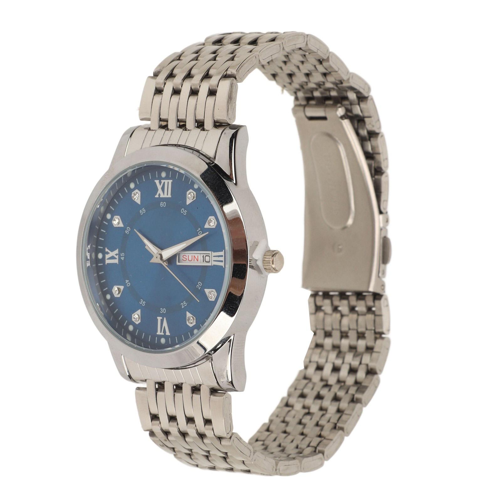 

Мужские кварцевые часы день-дата водонепроницаемые повседневные роскошные светящиеся модные часы-платье с браслетом из сплава для бизнеса Silver Blue