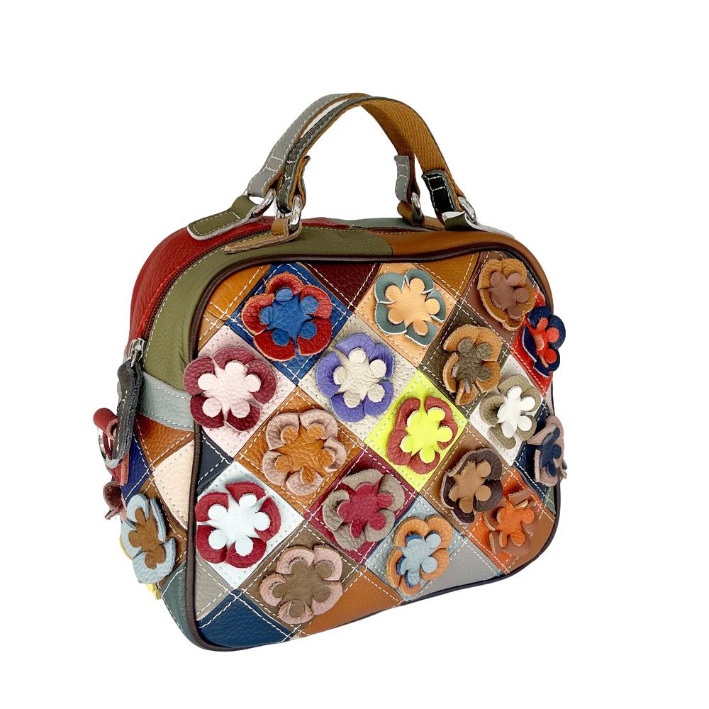 Sac à main en cuir Wind, sac messager, sac pour femme à fleurs épissées à la main, petit sac carré en cuir à losanges colorés