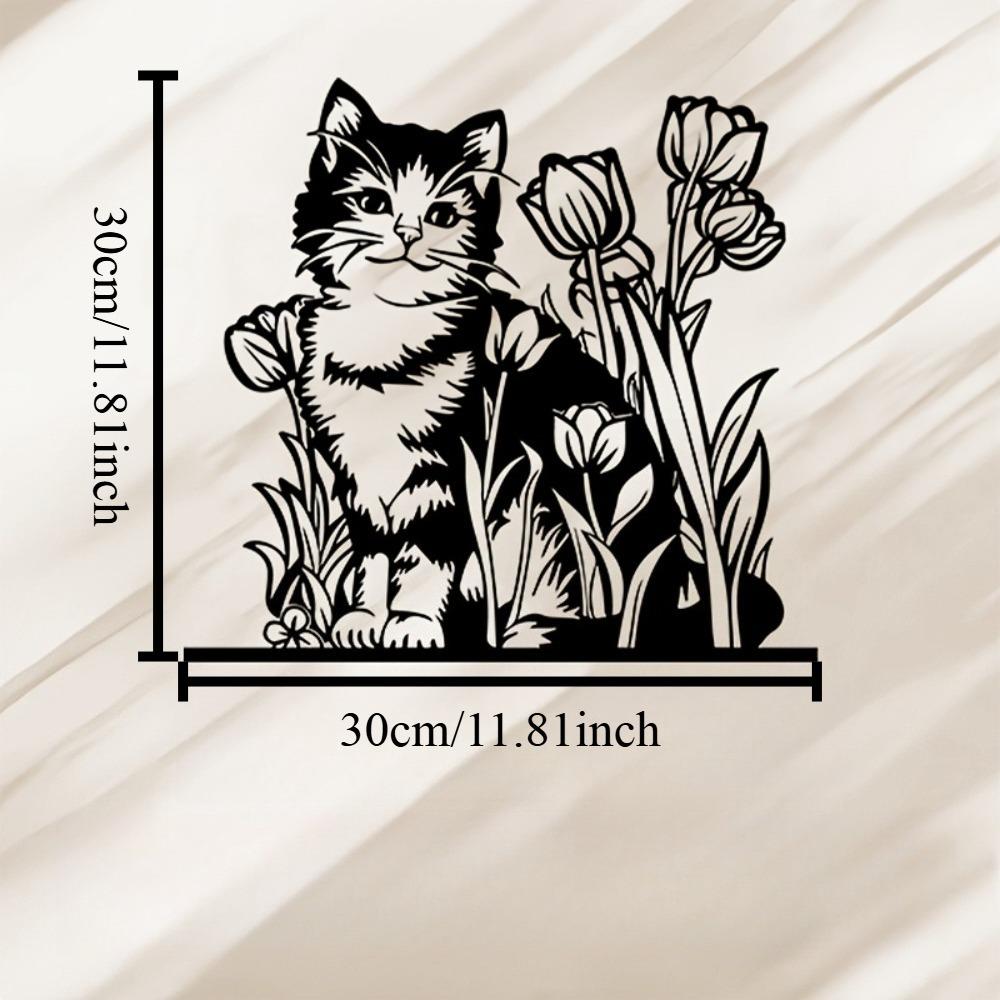 Vintage Iron Cat and Tulip Garden Wall Decor Sculpture Gift