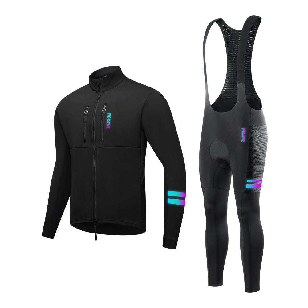 

WOSAWE Зимняя мужская флисовая теплая эластичная велосипедная куртка с противоударным пенопластовым наполнителем и сетчатым дышащим комбинезоном для шоссейного велоспорта, велокостюм S чёрный