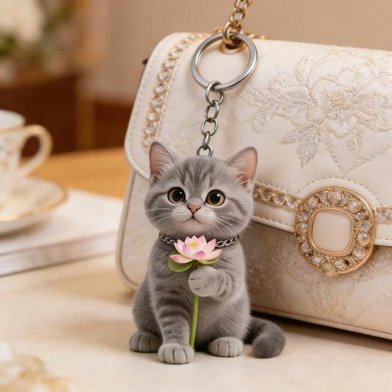 2Pcs Keychain 2D Cat Design Acrylic Charm Key Chain Backpacks Handbags Cars Decorative Pendant Accessories