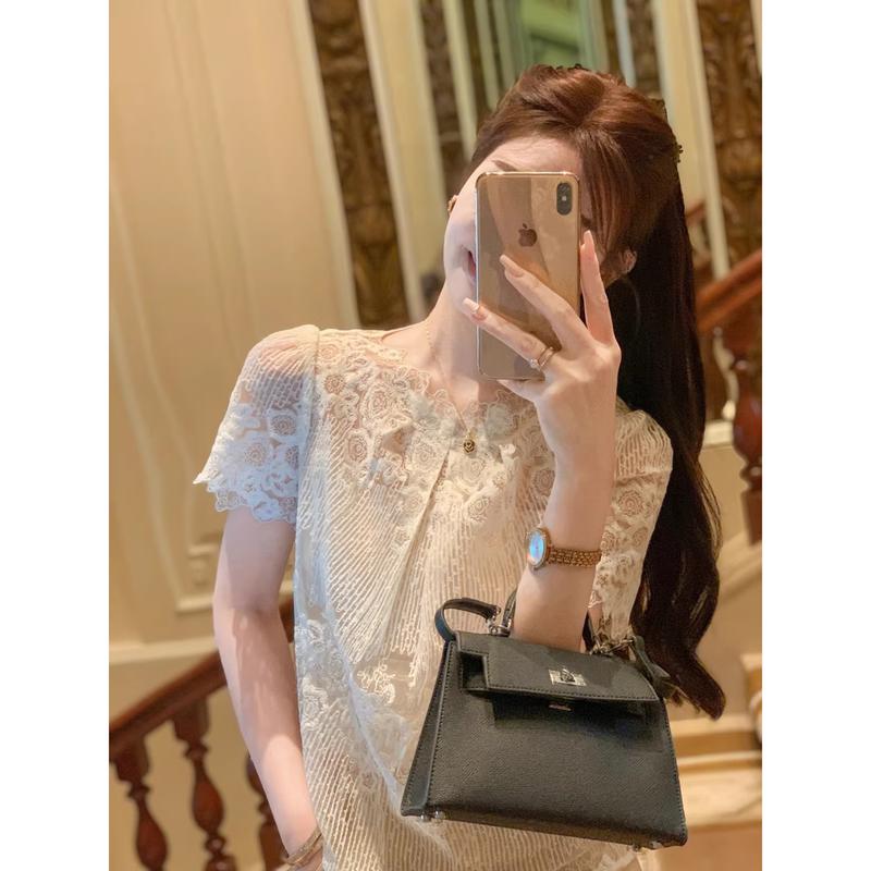 Women s Lace Crochet Chiffon Short Sleeve Top L
