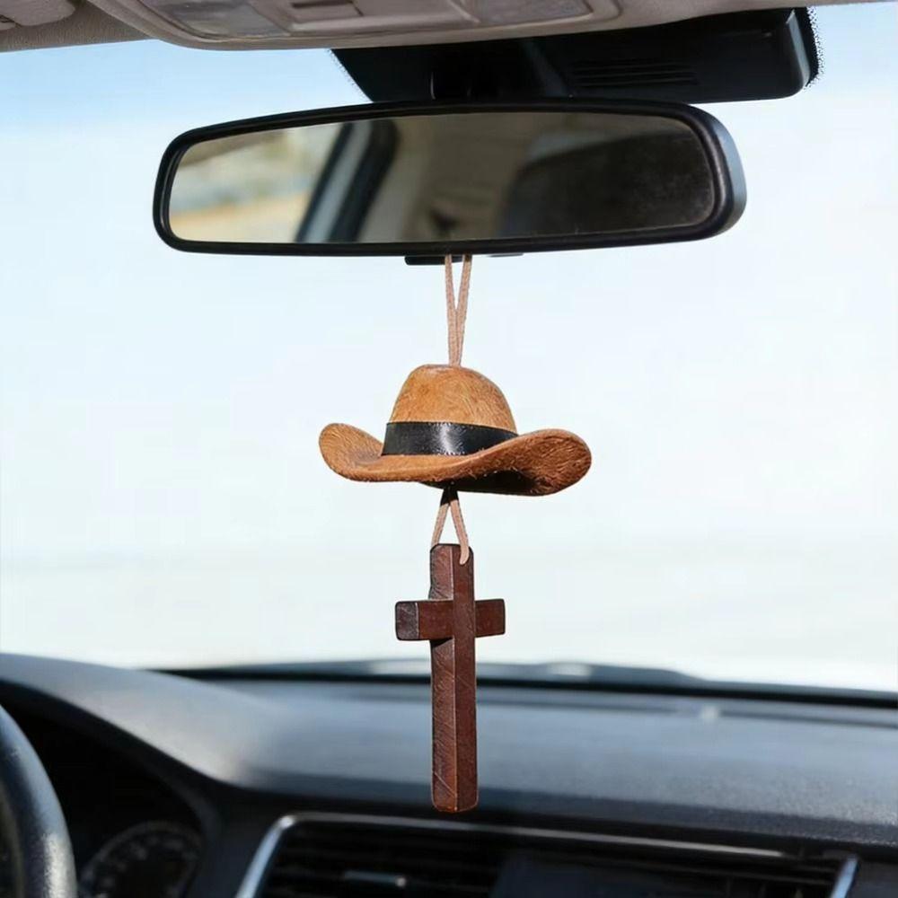 Love Cross Car Ornament Cowboy Hat Rearview Mirror Decoration Fashionable Accessories