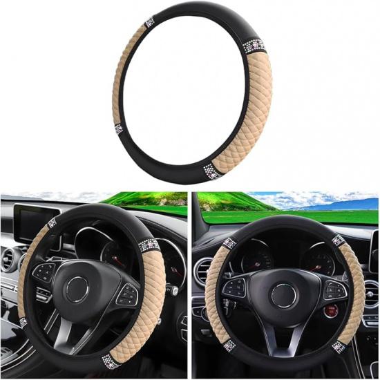 Bling Soft Leather Steering Wheel Cover, 15 Inch Colorful Rhinestones Auto Elastic Steering Wheel Protector, Sparkly Crystal Diamond For Women Girls,