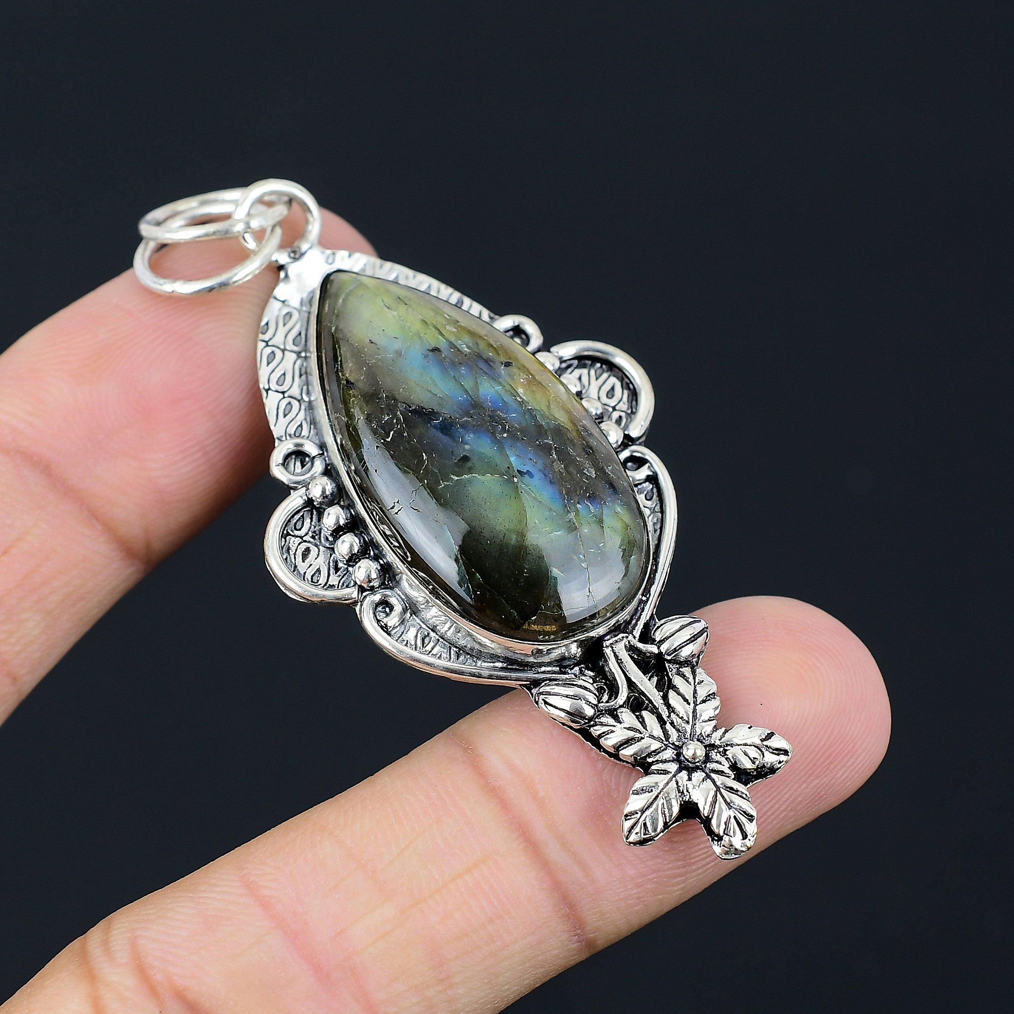Natural Labradorite Gemstone Pendant Flower 925 Sterling Silver Indian Jewelry
