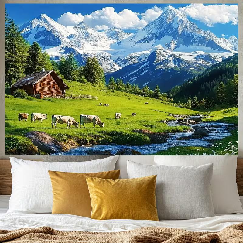 

2D Party Backdrop Alpine Landscape, Swiss Chalet, Cows and Snow-Capped Mountains 47.2x31.5inch/120*80cm