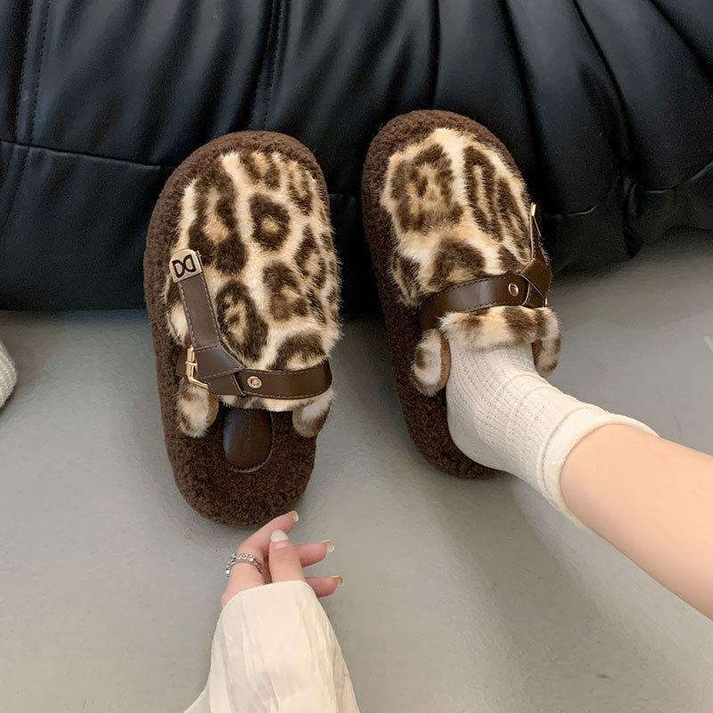 Mao Mao shoes women's winter velvet outer wear lazy one-pedal women's shoes 2025 new thick-soled leopard print bag head half slippers