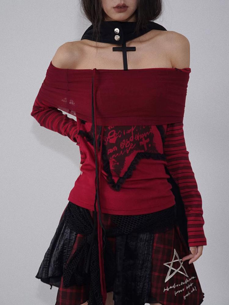 Estetisk Grunge Rød Trykket Langermet Topp Sexy Off-Shoulder Y2k Slankende T-skjorte Japansk Motedesign Casual Klær Høst