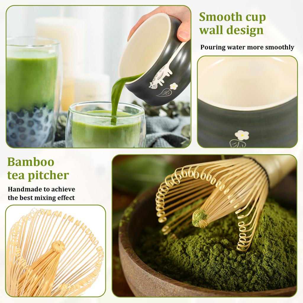 Japanese-style Matcha Making Tool Kit with Ceramic Bowl Whisk/Scoop Holder Bamboo Whisk and Scoop Teaset Giftbox for Tea Lovers