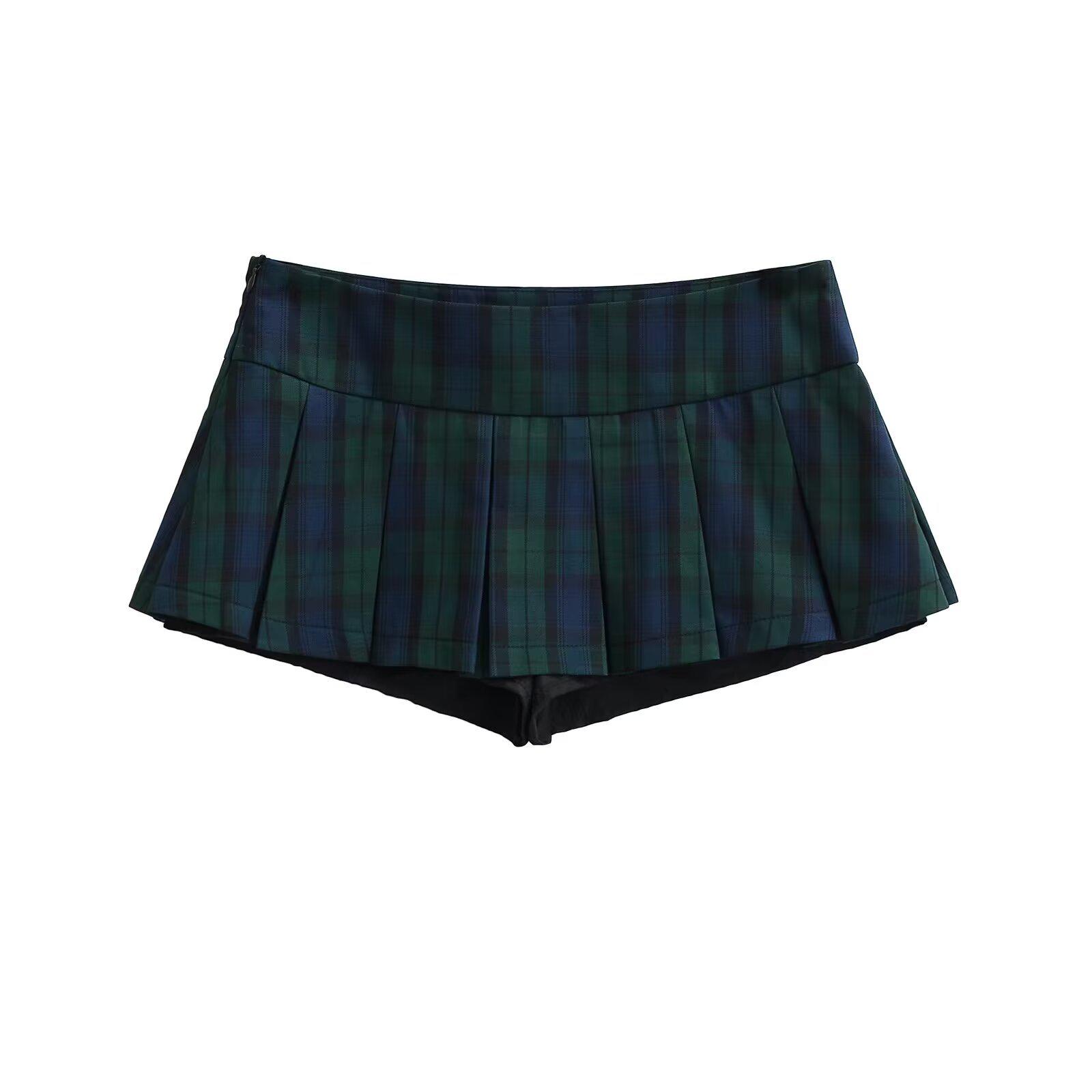 Women s Green Plaid Retro Pleated Mini Skirt, Low-Waist, Slimming, Anti-Exposure, Petite Fit L зеленый плед