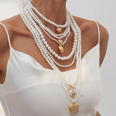 Ingemark 2Pcs/set Boho Exaggeration Multi Layer Imitation Pearl Heart Shape Pendant Necklace Women Charm Long Bead Chain Jewelry