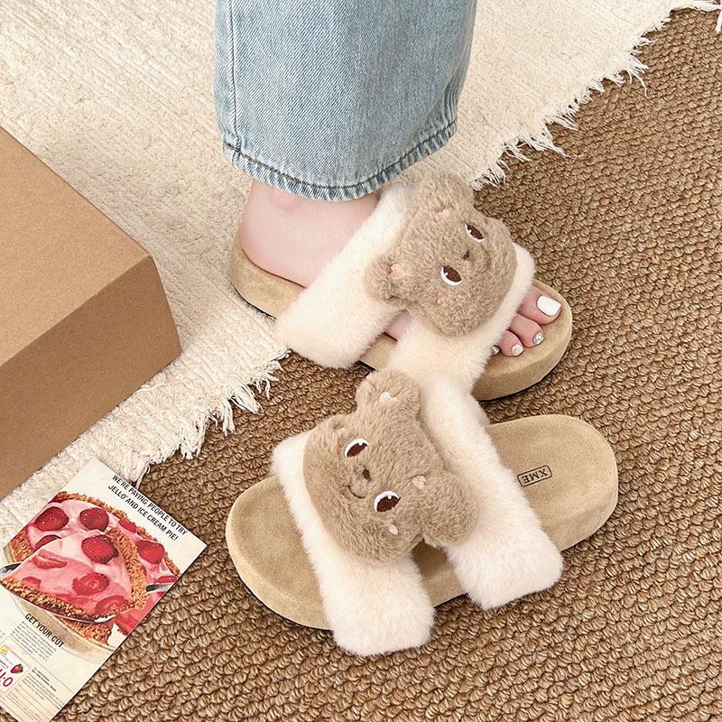 Autumn and Winter Fashion Cute Cartoon Bear Cotton Slippers Warm Home Non-slip Cotton Shoes Parent-child Home Fluffy Slippers
