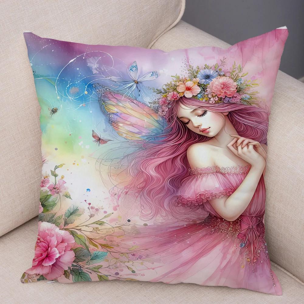Niedlicher Cartoon Waldmädchen Elfen Kissenbezug Doppelseitig bedruckter Kissenbezug Deko für Sofa Zuhause Superweicher Plüsch Kissenbezug 40x40cm