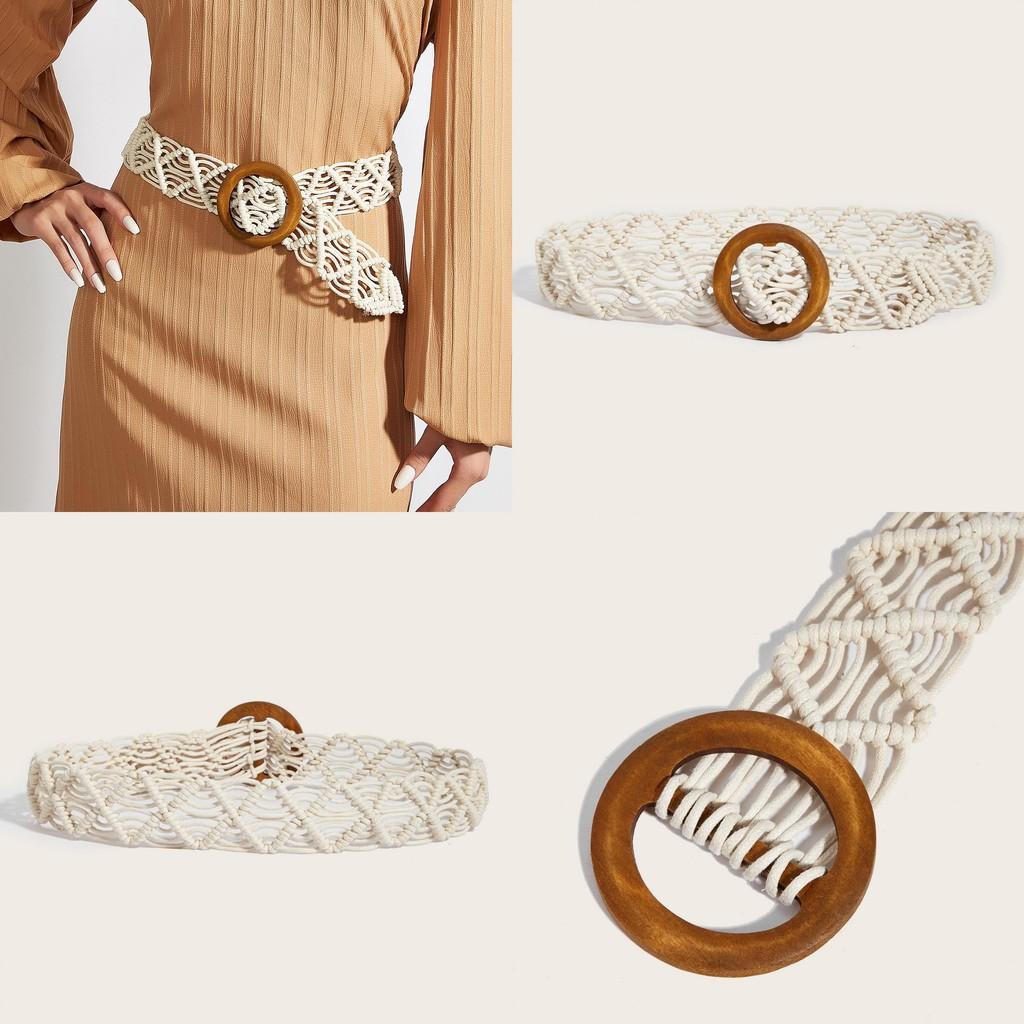 Cotton Retro Linen Belt Women Handmade Woven Waistband Round Wooden Buckle Dress
