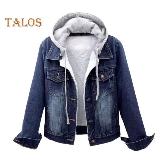 Women Jacket Thick Fleece Lined Solid Color with Pockets Lapel Single-breasted Long Sleeves Warm Loose Denim Jacket Daily Outdoor Coat