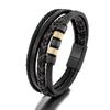 Men's Vintage Woven Leather Beaded Bracelet with Magnetic Buckle - Simple and Versatile Fashion Accessory