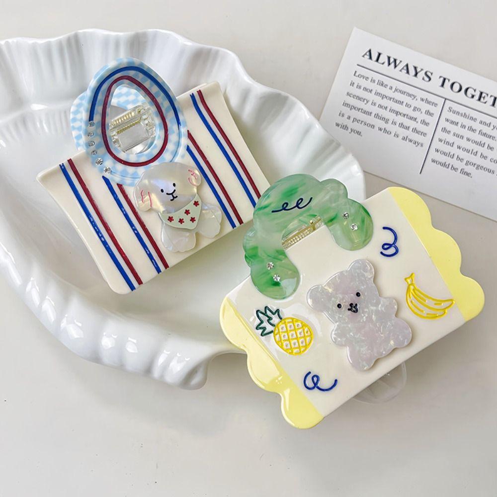 Flower Cartoon Bear Hair Clip Mini Handbag Shape Rhinestone Hairpin Cute Acetate Hair Claw  Girl