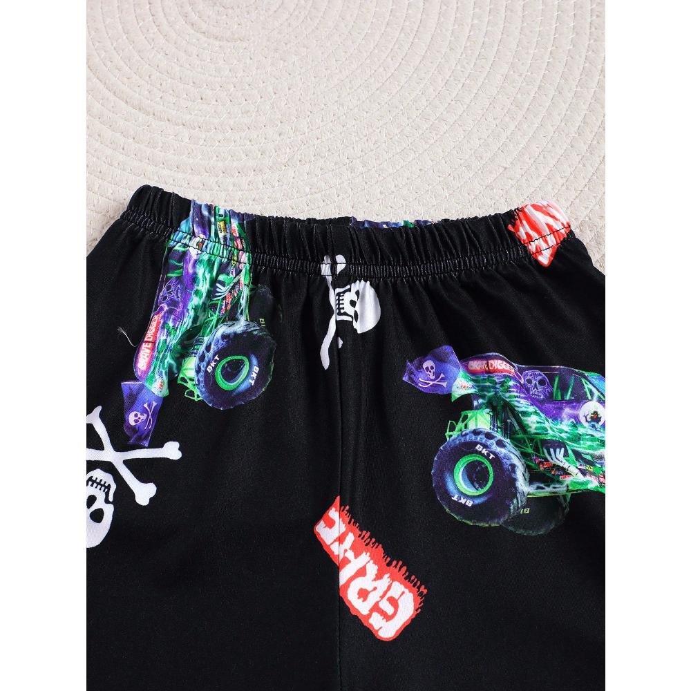 Boys Summer Clothing - Cartoon Car Print Short Sleeve Top and Shorts, Stylish, Casual, Comfortable